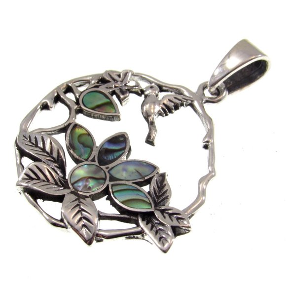 Solid 925 Sterling Silver Hummingbird & Flowers Pendant with Inlaid Paua Shell - Picture 6 of 7